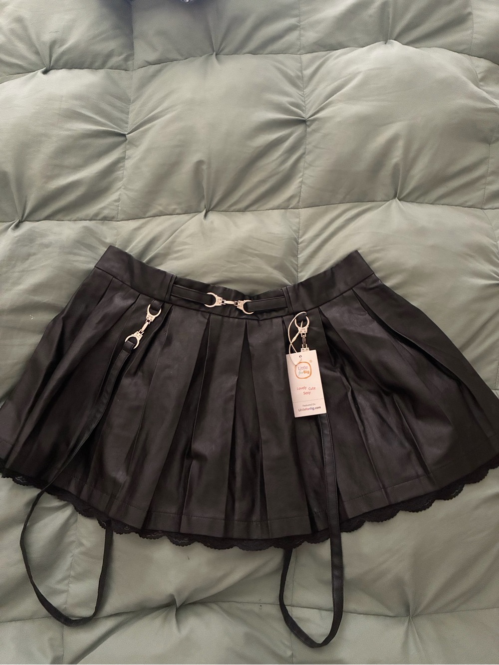 Black Pleated Faux Leather Mini Skirt with  mini cuffs